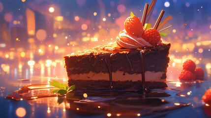 A festive piece of chocolate cake with berries on top. Sweet dessert in a cafe, against bokeh background