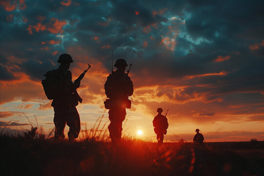 moving image showcasing the silhouettes of soldiers against the backdrop of a majestic sunset, symbolizing the courage and sacrifice of veterans for a greeting card dedicated to Ve