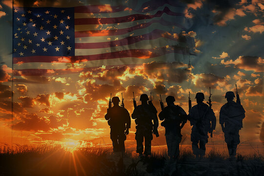beautiful silhouette of soldiers against the backdrop of a vibrant sunset, offering a poignant image for a greeting card expressing gratitude and honor on Veterans Day, Memorial Da
