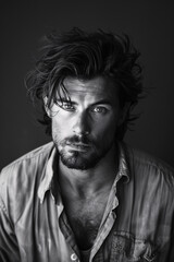 Fototapeta premium Smolder, high contrast black and white portrait photo of a middle-aged caucasian man with a rugged look