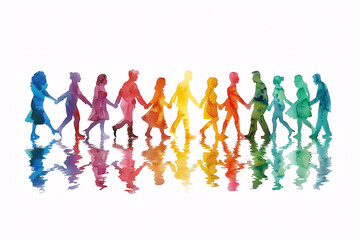 Diversity and inclusion concept, colorful silhouettes of different people walking together while holding hands