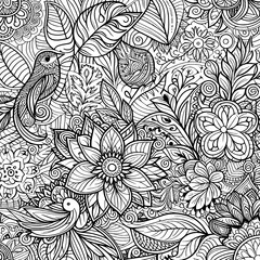 Floral pattern coloring page adults and children. Printable black and white. Raster, generative ai.