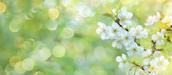 Image of blooming tree branch with white flowers against a blurred green background.