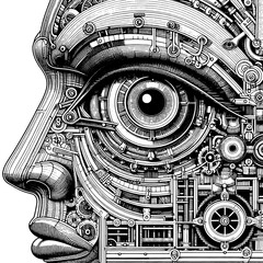 Face, Artificial mechanical eye, prosthetics in medicine, future technologie. Raster, generative ai.