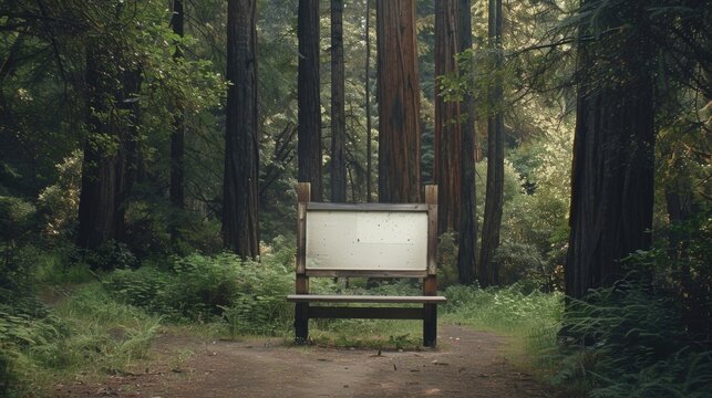 Blank mockup of a trailhead sign surrounded by towering redwood trees setting the scene for an immersive hiking experience in a dense forest. .