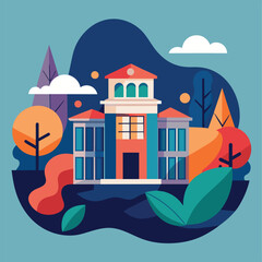 A house stands surrounded by lush trees under a cloudy sky in this minimalist illustration, A minimalist illustration of a campus building against a backdrop of abstract shapes