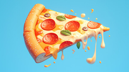 Piece of pizza with stretchy cheese and tomatoes on an isolated blue background.