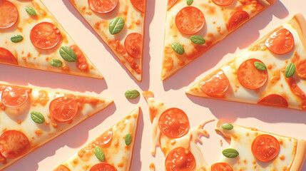 Symmetrically arranged pieces of pizza creating a light background. Top view.
