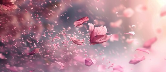 Beautiful sight of cherry blossom petals drifting and swirling in a gentle spring wind. The emphasis is on the petals in motion, rather than the tree itself.