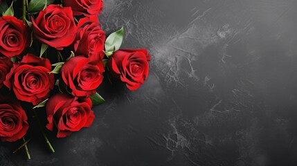 Red rose on a black background. Blooming flowes spring background banner - Bunch bouquet of red roses, on dark black concrete table, top view