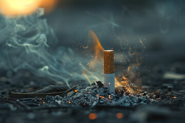 Quit smoking concept, a burning cigarette bud put out on the ground
