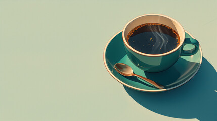 Minimalistic composition of a cup of coffee on a green saucer with shadow