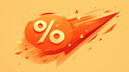 Graphic image of a percentage symbol accelerating on a bright orange background with elements of flying particles.