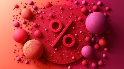 Bright creative composition with percent symbol and abstract objects on a purple-red background. Concept of discounts, sales.