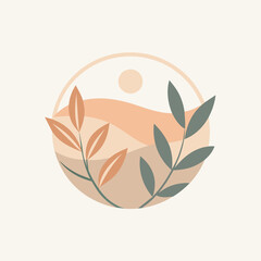 A plant enclosed within a circular shape, representing a minimalist logo for a natural beauty brand, A minimalist logo for a natural beauty brand with a soft, muted color palette