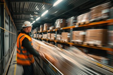 Worker Managing Parcel Delivery on Conveyor Belt