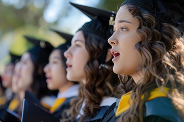 Proud Graduates in Gowns Holding Diplomas at Ceremony