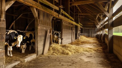 Beautiful herd of purebred cows in the cowshed of a modern farm with milking cows eating hay - obrazy, fototapety, plakaty
