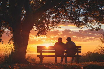 Retirement bliss concept, an elderly couple seen from behind in nature sitting on a bench together during sunset - 787538555