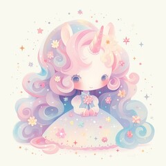 Beautiful unicorn girl in pastel colors, white background