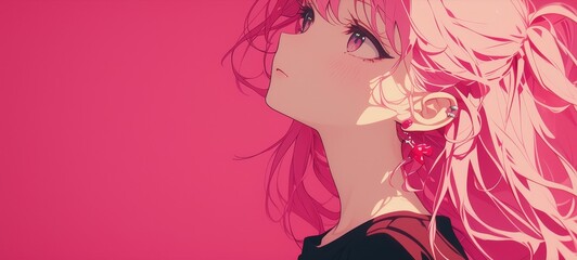 close up of pink hair, bangs, anime girl, profile shot, pastel orange background - obrazy, fototapety, plakaty