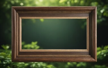 Wooden picture frame on table in natural landscape