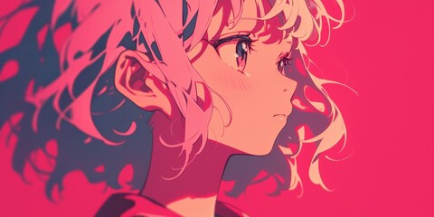 close up of pink hair, bangs, anime girl, profile shot, pastel orange background
