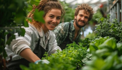 Smilling and happy couple farmers working with green vegetables and salads in the green house farm.