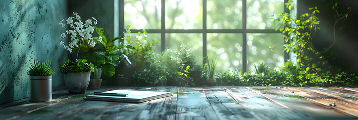 Business Inspiration: Handwriting on Notepad amidst Blue-Grey Background and Plants - obrazy, fototapety, plakaty
