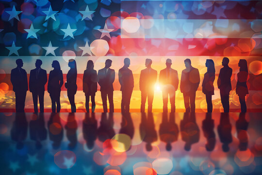 American people, US election. Silhouettes of diverse American citizens in front of an American Flag