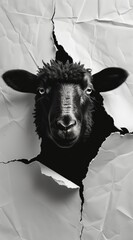 Conceptual portrait of curious black sheep looking through white paper background wall hole