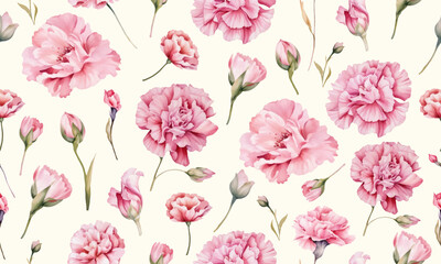 Seamless watercolor pattern with carnation flowers. Illustration isolated on pastel background.