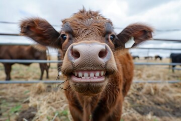 Funny smiling portrait of cow looks at the camera on a sunny day, concept of an ecological farm. - Powered by Adobe