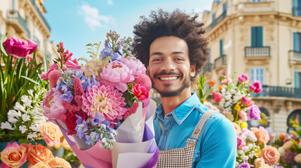Fototapeta premium Happy delivery man with beautiful flower bouquet outdoors