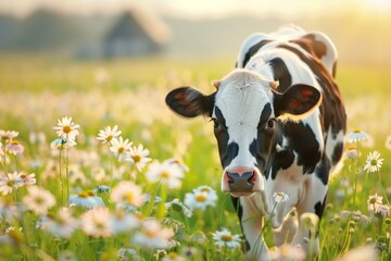 Beautiful cute cow on a green field with daisies, looking into the lens during sunset in summer.