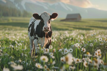 Beautiful cute cow on a green field with daisies, looking into the lens during sunset in summer.