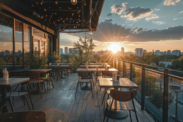 Rooftop Terrace Summer Cafe in the Sunset With City View