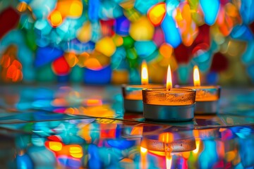 Candles on colorful stained glass window