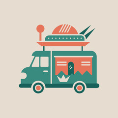 Illustration of a food truck covered with a variety of appetizing dishes, A vibrant color palette used in a minimalist gym logo design