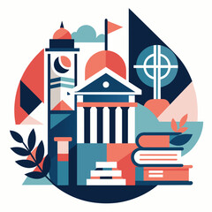 Clock tower overlooking a stack of books in a scholarly setting, An abstract composition inspired by academia, using clean lines and limited color palette