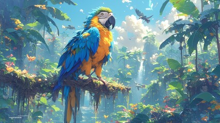 colorful parrot with colorful feathers on fantasy jungle background  - obrazy, fototapety, plakaty