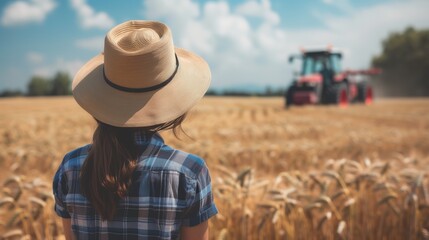  Farmer woman in field looking at combine harvester working on field. Agriculture concept