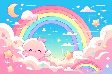 Cute cartoon landscape with clouds, rainbow and moon, pink sky with stars, dreamy clouds