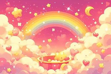 Schilderijen op glas Cute cartoon landscape with clouds, rainbow and moon, pink sky with stars, dreamy clouds © Photo And Art Panda