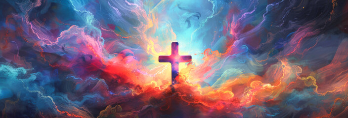 Cross of Jesus Christ on the background of a colorful sky with clouds
 - obrazy, fototapety, plakaty