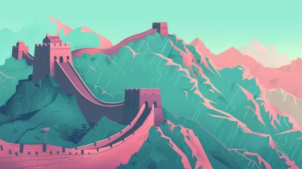Papier Peint photo Lavable Corail vert Illustration of the Great Wall of China meandering through verdant mountains. flat design, not too complex, modern.