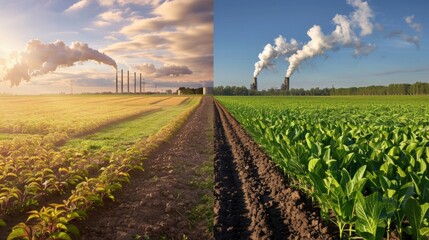 A sidebyside comparison of the carbon emissions from biofuel production and fossil fuel production with the biofuel emissions significantly lower accompanied by the message Choose . - obrazy, fototapety, plakaty
