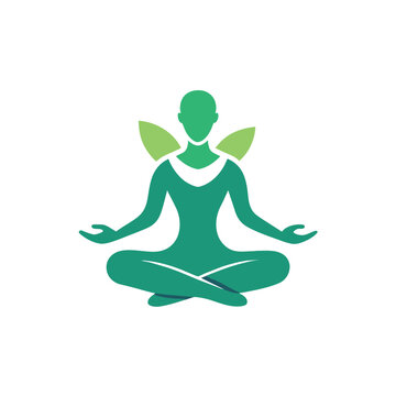 A woman seated in a lotus position with her hands raised in the air, A serene image of a meditating figure set against a clean, white background