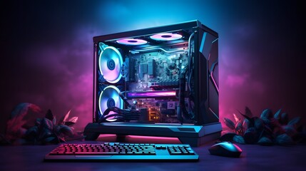 HD photograph of a gaming PC setup, highlighting the isolated screen for realistic mockups, app, or game presentations, complemented by a modern case with dynamic RGB lighting.