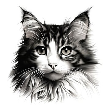 Illustration of fluffy black and white cat with piercing eyes. Drawing of a tuxedo kitten with soft fur texture. Concept of pet portrait, feline beauty, animal art. Isolated on white backdrop